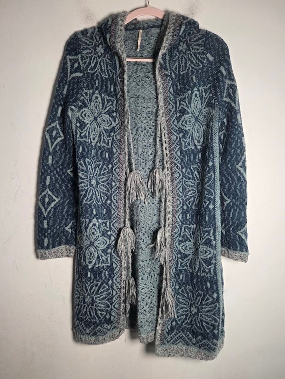 Free People Kai Pom Pom Blue Boho Cotton Wool Knit Hoodied Long Cardigan Medium